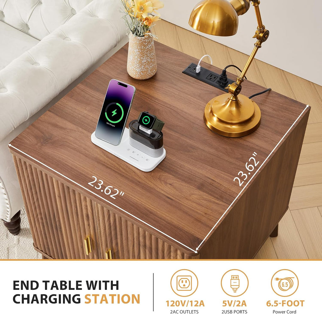 Fluted End Table with Charging Station, Mid Century Modern Nightstand with 2 Doors, Bed Side Table with Storage for Couch, Living Room, Small Spaces, Sofa Side Table for Office, Dorm - Walnut