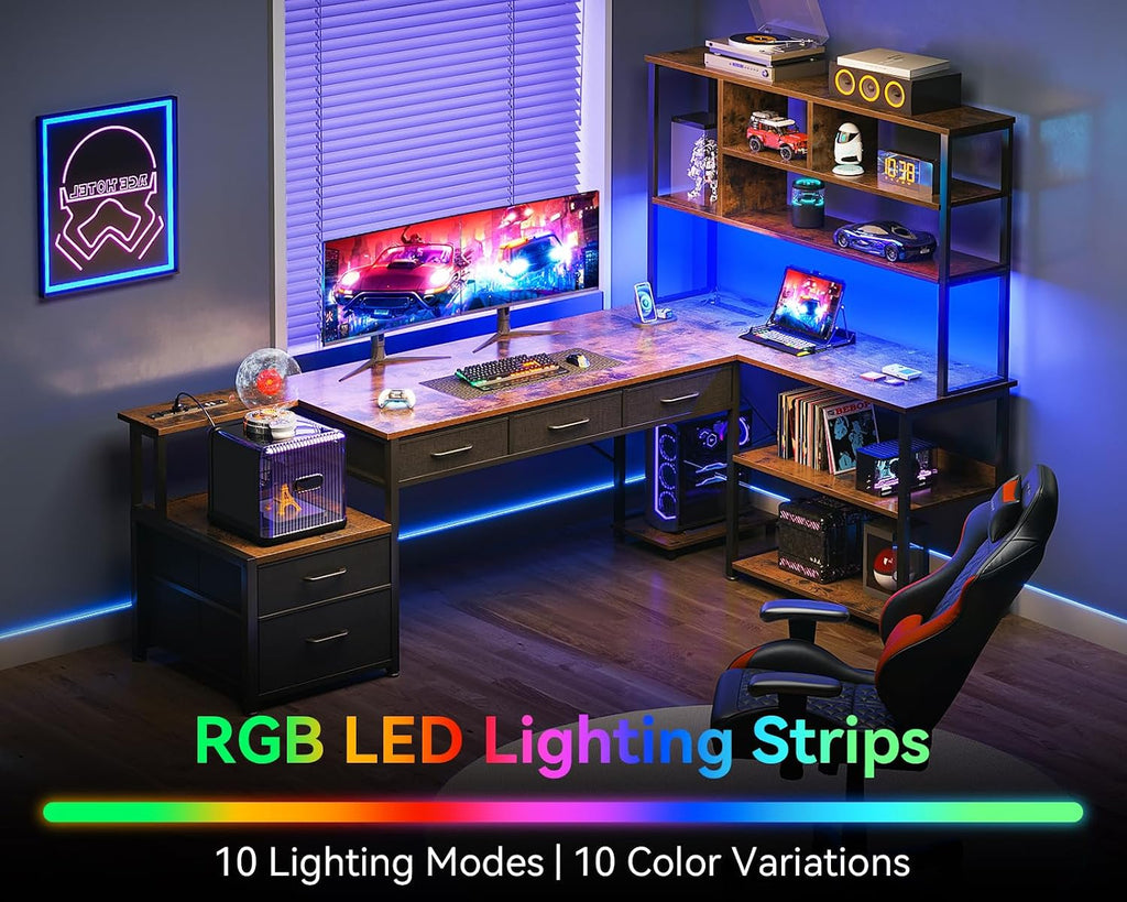 AODK 79 inch L Shaped Desk with 5 Drawers, Reversible L Shaped Gaming Desk with LED Light & 2 Power Outlets, Computer Desk with Storage Shelves for Home Office, Vintage