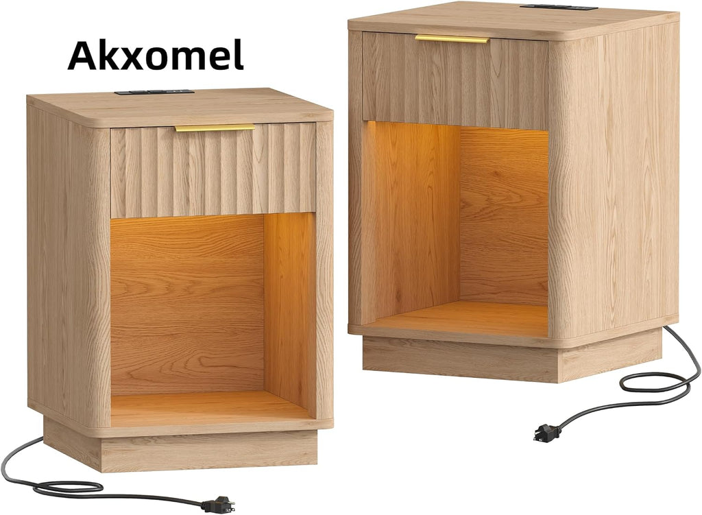 Akxomel Fluted Nightstands Set of 2, Wooden Night Stand with Charging Station and LED Light, Modern Mid Century Bed Side End Table with Drawer, 15' D x 15.7' W x 22.6' H, for Bedroom, Natural Oak