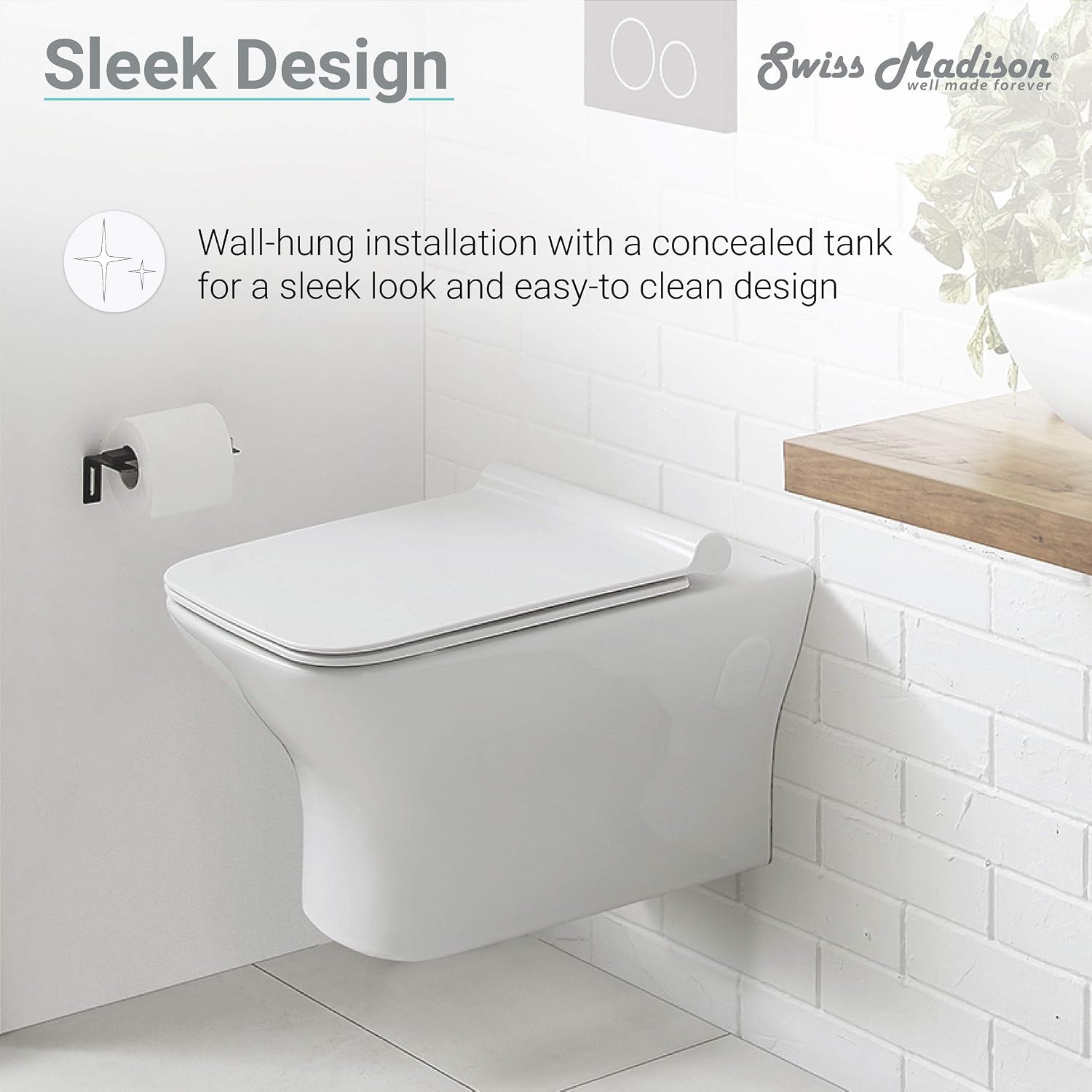 Swiss Madison Well Made Forever SM-WT455 Carré Wall Hung Toilet, Glossy White