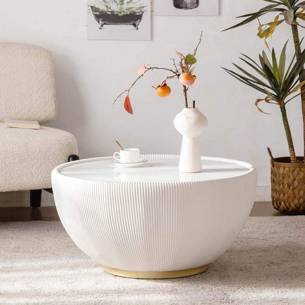 Modern Round Coffee Table Luxury Sintered Stone Top Coffee Table in Cream White Leatherette Creative Bowl-Shape Cocktail Center Table for Living Room Bedroom,Fully Assembled