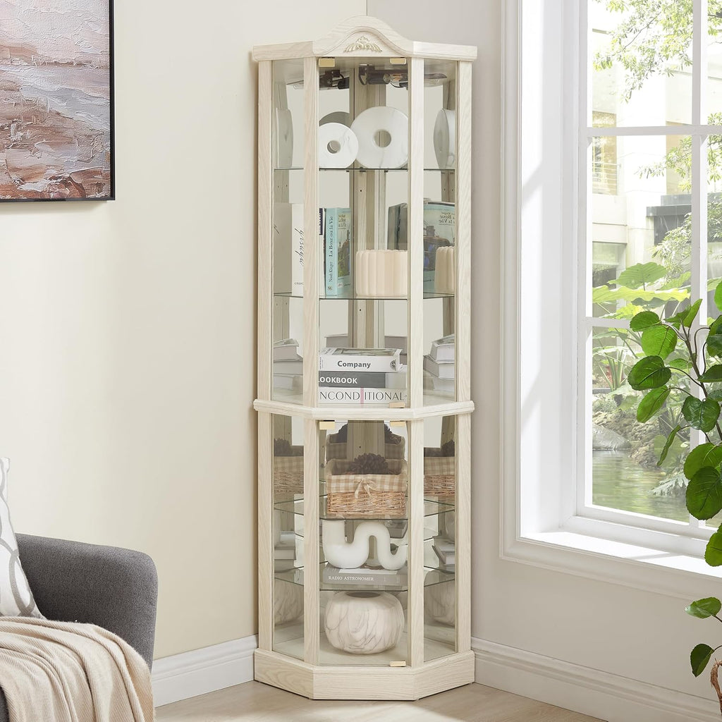 KEIKI 72' Corner Glass Display Cabinet with Adjustable Shelves, for Collectibles, Storage Curio Cabinet with Arched Floral Carving Decoration, 6-Tier Showcase Display Case, for Living Room, White