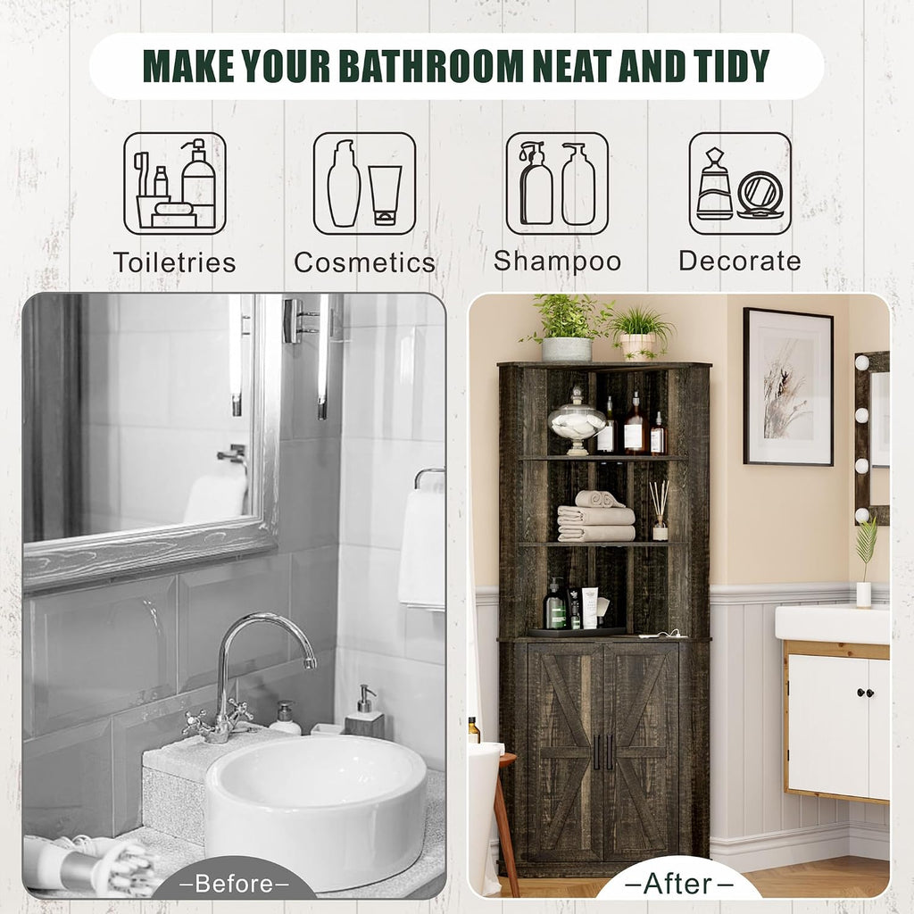FREDEES Tall Corner Cabinet with LED Light, Farmhouse Bathroom Cabinet with 2 Doors and 3 Tier Shelves, Free Standing Corner Storage Cabinet for Laundry Room, Living Room or Kitchen, Rustic Brown