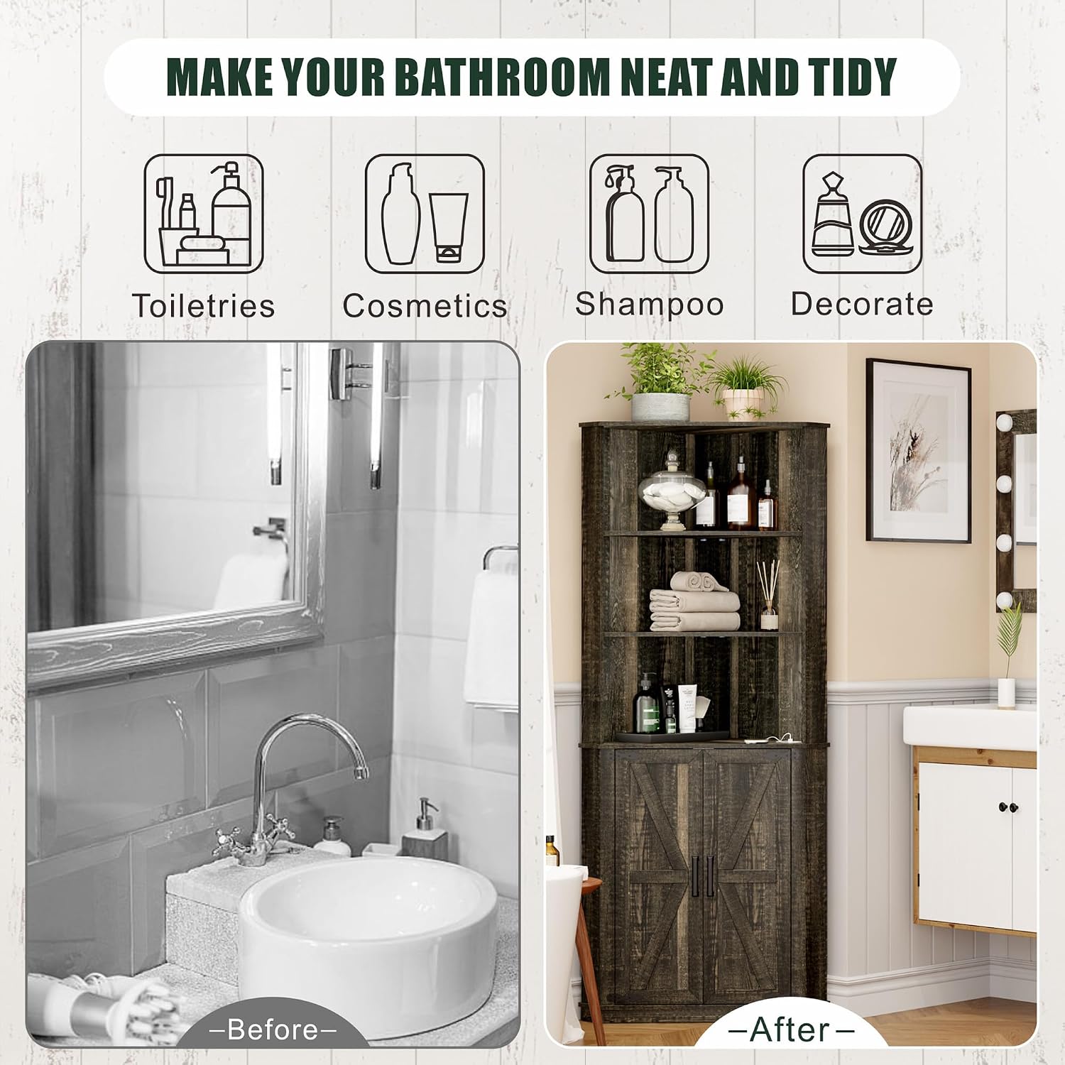 FREDEES Tall Corner Cabinet with LED Light, Farmhouse Bathroom Cabinet with 2 Doors and 3 Tier Shelves, Free Standing Corner Storage Cabinet for Laundry Room, Living Room or Kitchen, Rustic Brown