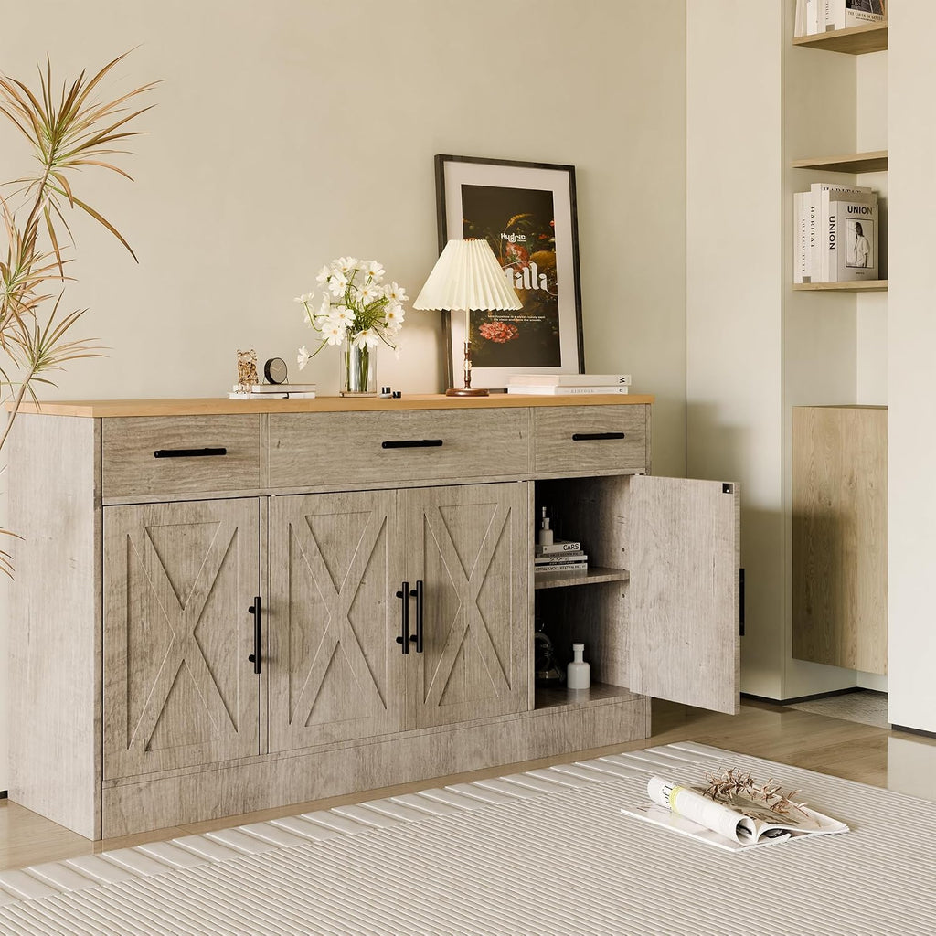SUNLEI Kitchen Storage Cabinets, Farmhouse Buffet Cabinet with 4 Doors and 3 Drawers, Sideboard Small Storage Cabinet with Adjustable Shelf, for Kitchen, Dining Room & Living Room, Grey