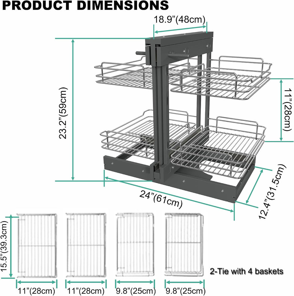 Blind Corner Cabinet Pull Out 2 Tier 4 Shelves Magic Corner Kitchen Cabinet Pull Out Shelf Organzier Soft Close Bottom Mount Min Opening 15in，Metal