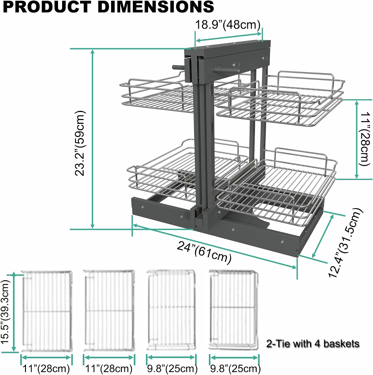 Blind Corner Cabinet Pull Out 2 Tier 4 Shelves Magic Corner Kitchen Cabinet Pull Out Shelf Organzier Soft Close Bottom Mount Min Opening 15in，Metal