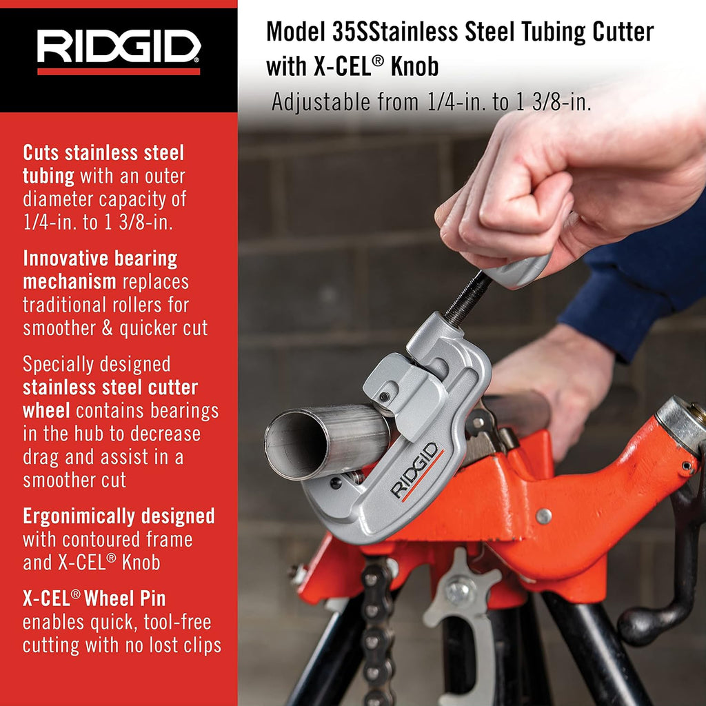 RIDGID 32573 Model 118 2-in-1 Close Quarters AUTOFEED 1/4' to 1-1/8' Metal Tubing Compact Cutter & 29963 Model 35S 1/4' to 1-3/8' Stainless Steel Tubing Cutter with X-CEL Knob, Silver, Small