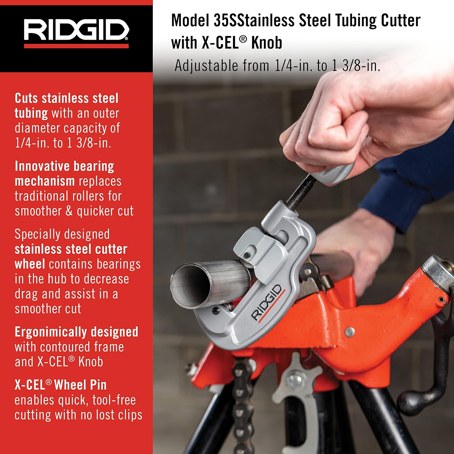 RIDGID 32573 Model 118 2-in-1 Close Quarters AUTOFEED 1/4' to 1-1/8' Metal Tubing Compact Cutter & 29963 Model 35S 1/4' to 1-3/8' Stainless Steel Tubing Cutter with X-CEL Knob, Silver, Small