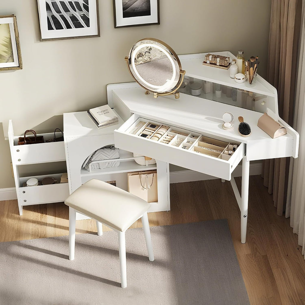 Merax Corner Vanity Desk with Mirror and Lights, 55.9' L Makeup Vanity Set with Side Storage Cabinet and Stool, Dressing Table with Small Sliding Glass Door, Drawer and Display Shelf, White