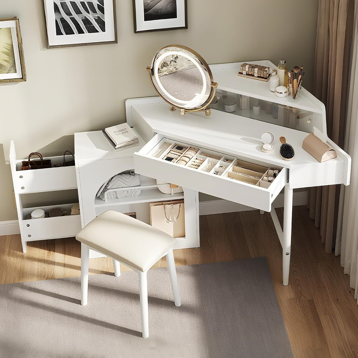Merax Corner Vanity Desk with Mirror and Lights, 55.9' L Makeup Vanity Set with Side Storage Cabinet and Stool, Dressing Table with Small Sliding Glass Door, Drawer and Display Shelf, White
