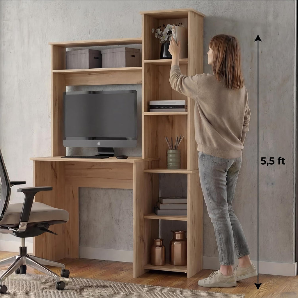 Tuhome Versalles Writing Desk with Two Superior Shelves, Five Side Open Storage Compartments, Space-Saving Modern Workstation Design for Studios and Offices, Ideal for Organization, Books