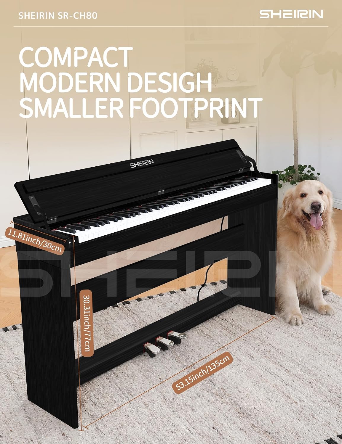 Digital Piano 88 Key Weighted Stand Cover Hammer Action Upright Acoustic Electric Keyboard Pedal Full Size Home Musical Beginners Adults Instrument Self Playing MIDI SR-CH80(black)