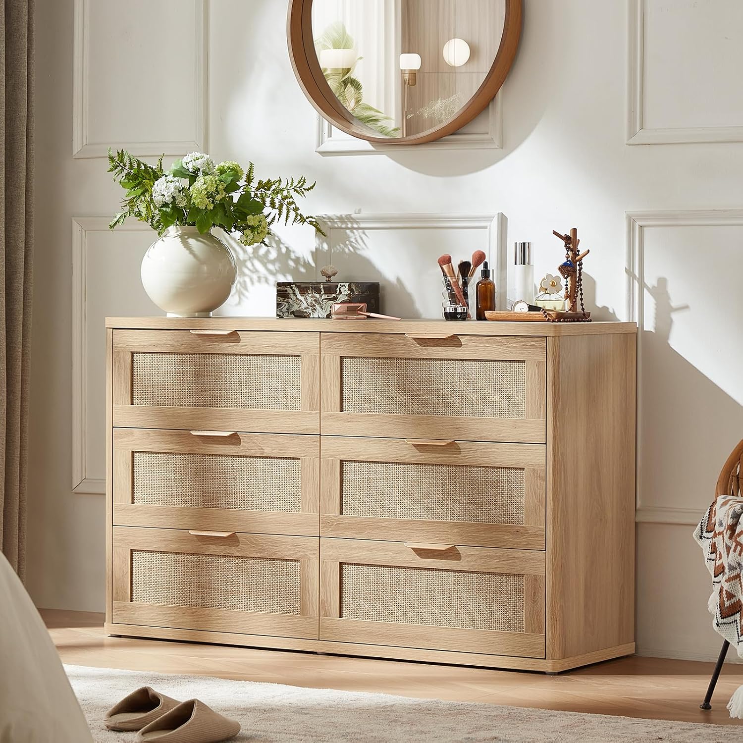 LEYAOYAO Rattan 6 Drawer Dresser for Bedroom, Boho 48' Wide Natural Wood Dresser Chest of Drawers, Dressers TV Stand with Metal Handle, Storage Dressers Closet Organizer for Living Room, Hallway