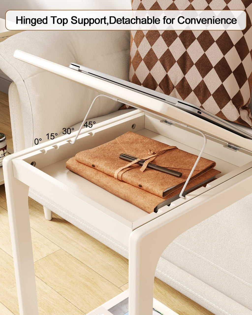 AQIMUELE Wooden C-Shaped End Table,Couch Table with Adjustable Desktop,Small Rolling Side Table with 2 Lockable Wheels,Small End Table for Couch, Living Room,Bedroom (White)