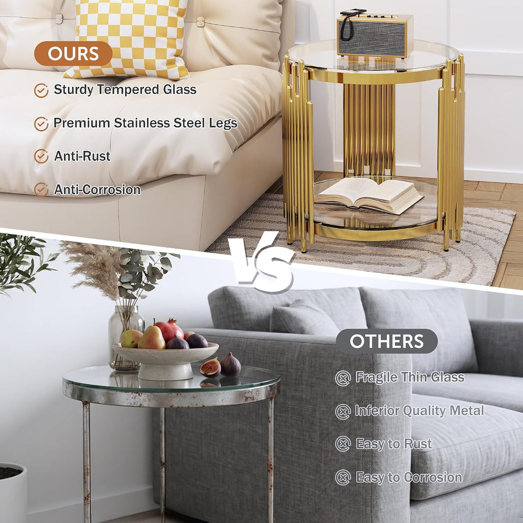 Luxury Gold Round Glass End Table Set of 2, 19.7' Modern Side Table with Stainless Steel Irregular Leg Clear Tempered Glass Tabletop, Accent Furniture for Living Room, Clear