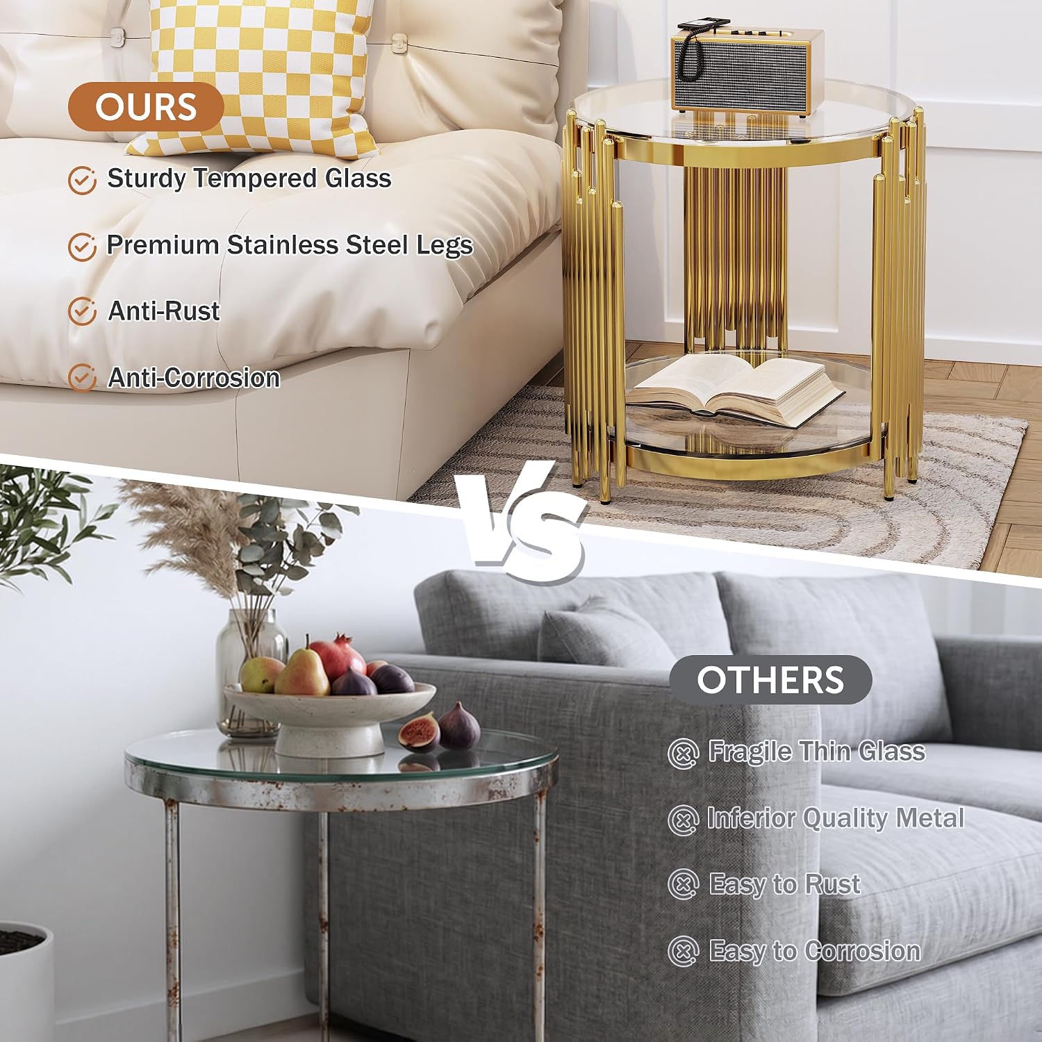 Luxury Gold Round Glass End Table Set of 2, 19.7' Modern Side Table with Stainless Steel Irregular Leg Clear Tempered Glass Tabletop, Accent Furniture for Living Room, Clear