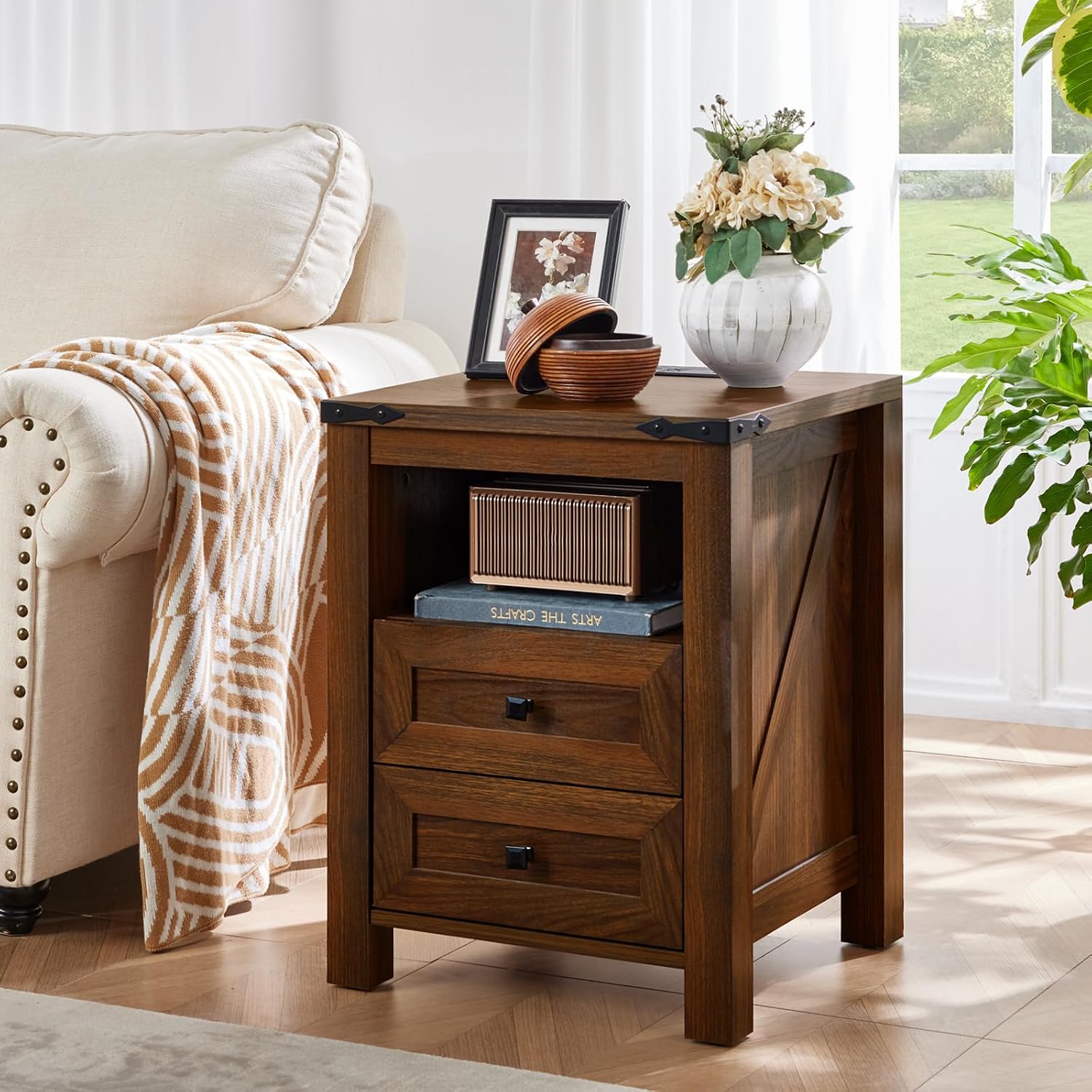 Joaxswe Nightstands Set of 2 with Charging Station, Farmhouse Side End Table with 2 Drawers and Open Shelf, Wood Rustic Sofa Table, Bedside Cabinet for Bedroom, Living Room, Closet, Office(Brown)