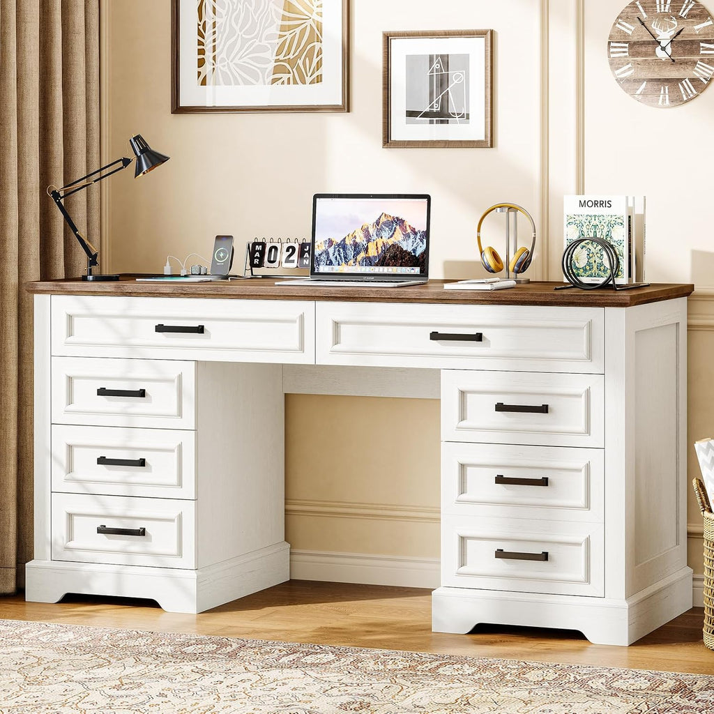 58' Executive Desk with 7 Drawers, Large Computer Desk with Charging Station , Wood Home Office Desk with File Drawer for Letter/A4 Size Hanging Files for Home Office, Rustic White and Rustic Brown