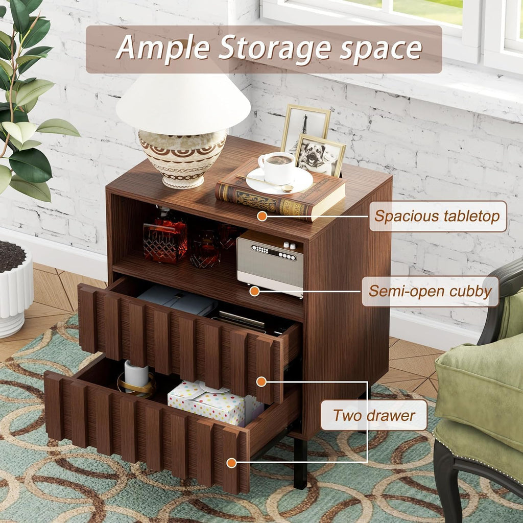 UEV Mid Century Modern 3-Piece Living Room Set, Includes Fluted Panels TV Stand with Storage for Up to 65 inch TV, 2 Drawer Open Shelf End Tables