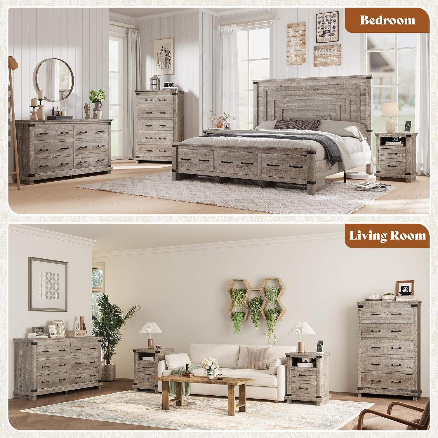 AMERLIFE Farmhouse End Table Set of 2, 18' Wood Night Stand with Charging Station & 2 Storage Drawers, Heavy Duty Bedside Nightstands for Bedroom, Living Room, Light Grey