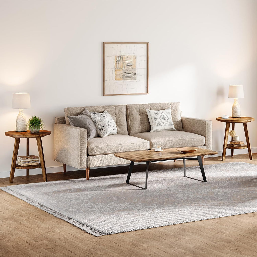 Solid Wood Round End Table Set of 2, Sofa Side Table with Storage Shelf, Farmhouse Nightstand for Living Room, Bedroom, Easy Assembly (Natural, 2 PCS)