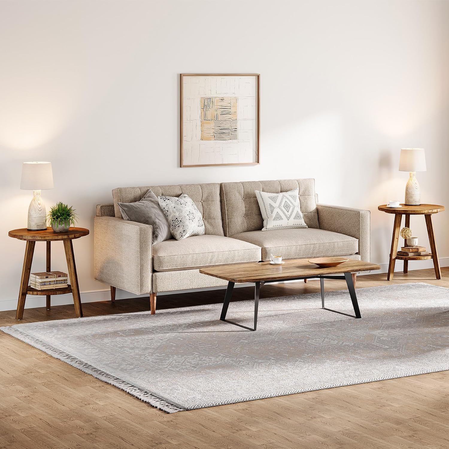 Solid Wood Round End Table Set of 2, Sofa Side Table with Storage Shelf, Farmhouse Nightstand for Living Room, Bedroom, Easy Assembly (Natural, 2 PCS)