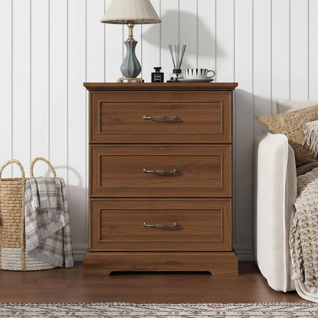 Nightstand Set of 2,24' Wide End Table with 3 Large Drawers & Metal Handles,Rustic Farmhouse Wood Small Dresser,Bedside Table,Modern Chest of Drawers for Bedroom,Living Room,Walnut