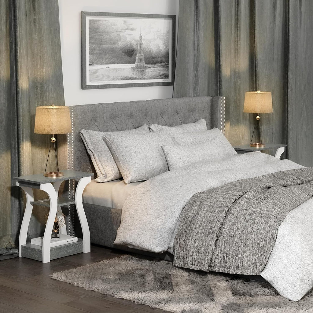 FROMJBEST End Tables Living Room Set of 2,Grey End Table with Charging Station,Grey Side Table, Nightstand for Bedroom, 3 Tier End Table with Storage Shelf for Living Room