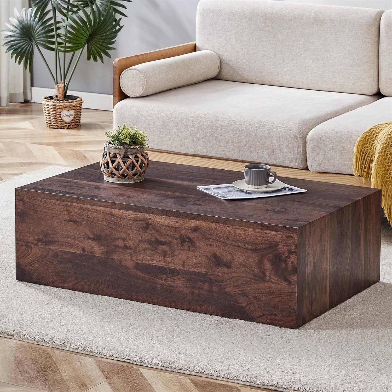 Rustic Walnut Coffee Table for Living Room Rectangular Center Tables Modern Elegant Wooden Cocktail Table for Home Office -Fully Assembled