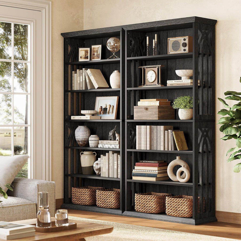LITTLE TREE 6-Tier Bookcase, Set of 2 Farmhouse Bookshelves and Bookcases, 75-Inch Floor Standing 6 Shelf Wooden Display Storage Shelves Tall Bookcase for Home Office, Living Room, Bed Room, Black