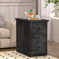 HIFYOBRO 3 Drawer Flip Top End Table with Charging Station, Narrow Wooden Side Table with Storage, Multifunctional Nightstand for Living Room & Bedroom