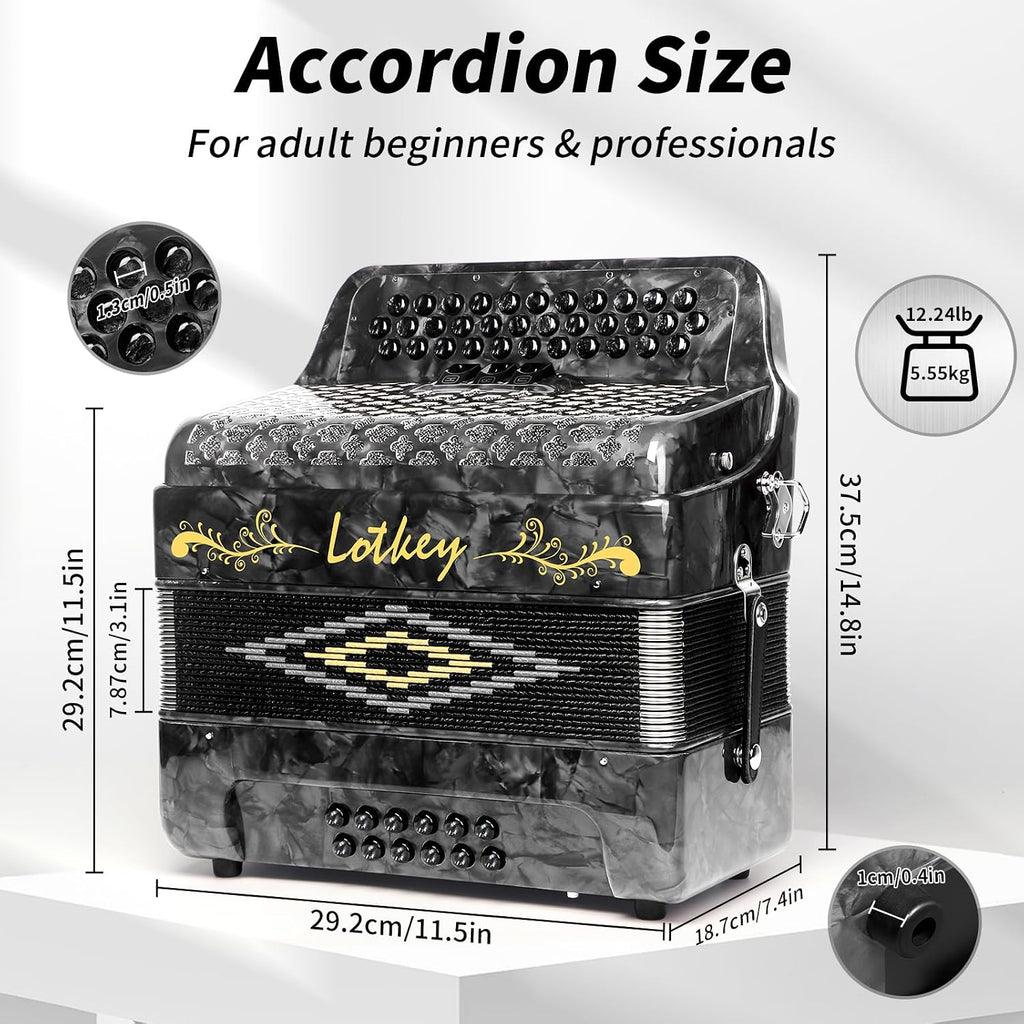Lotkey 34 Key Diatonic Accordion, 3412 Multi Tone Celluloid Accordions Louder Clearer Timbre than Plastic for Adult, Beginner, Professional with Updated Bag, Straps, Acordeón Wrist Guard (FBE Grey)
