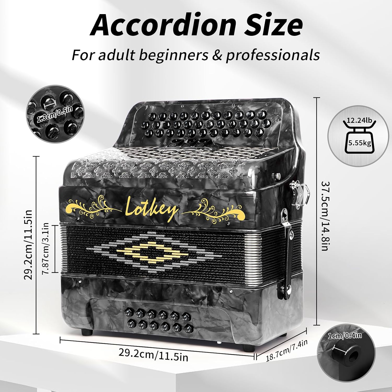 Lotkey 34 Key Diatonic Accordion, 3412 Multi Tone Celluloid Accordions Louder Clearer Timbre than Plastic for Adult, Beginner, Professional with Updated Bag, Straps, Acordeón Wrist Guard (FBE Grey)