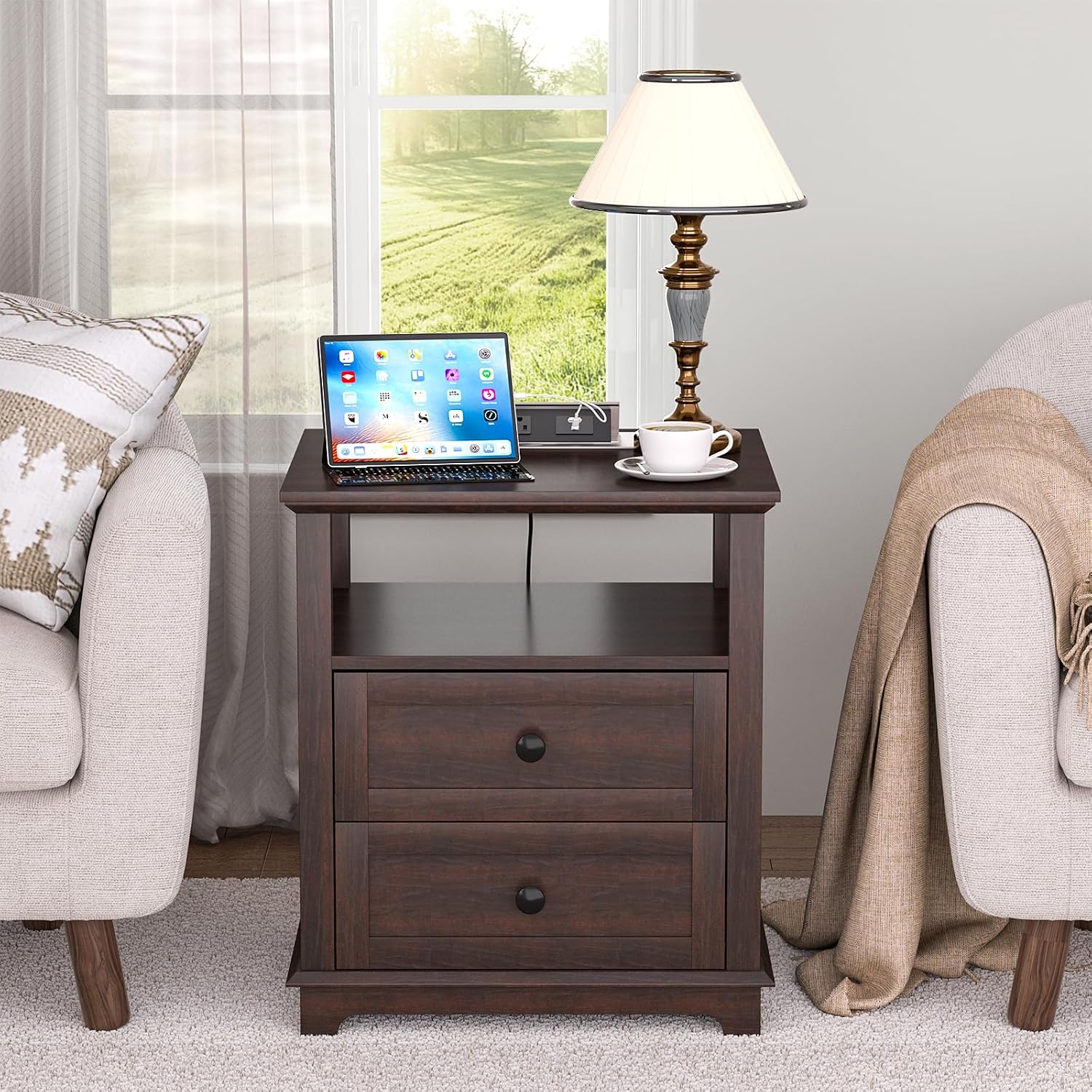 HIFYOBRO 24' Tall End Table with 2 Drawers and Charging Station, Type-C & USB Port & Power outlets, Wooden Storage Cabinet, 21' W Large Side Table with Storage for Living Room and Bedroom (Espresso)