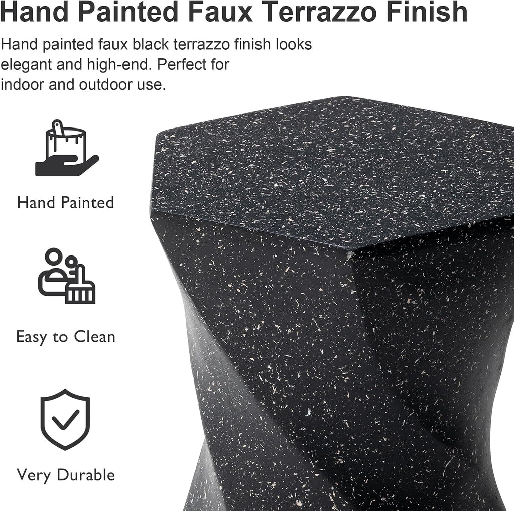 Glitzhome Outdoor Side Table Set of 2, 17.75' H Decorative Garden Stool MGO Twist Faux Terrazzo End Table, Round Planter Stand for Indoor Outdoor Living Room Bedroom Patio Deck Poolside, Black