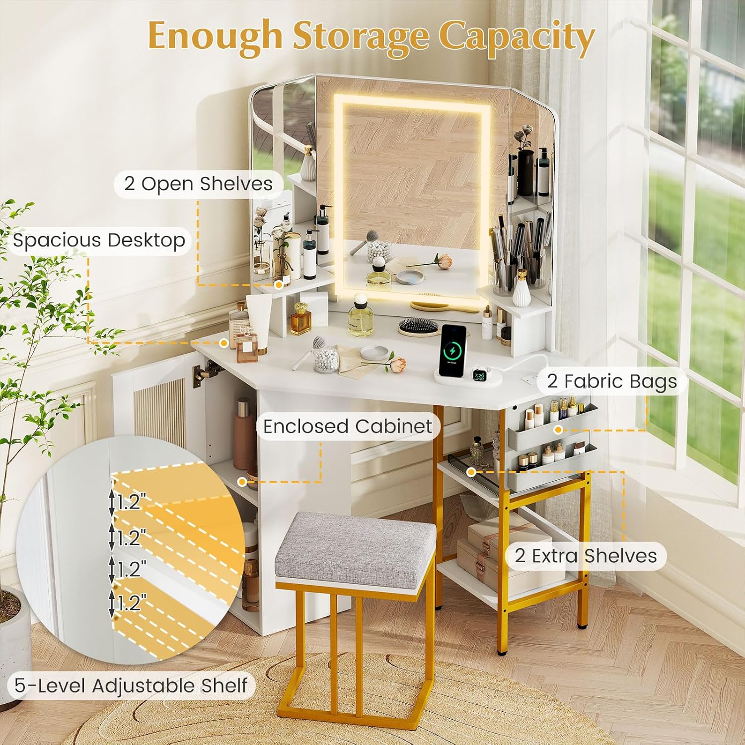 LOKO Corner Vanity Desk with Mirror & Lights, Modern Makeup Dressing Table with Triple Mirror, 3 Lighting Modes & Adjustable Brightness, Matching Chair, Open Shelves & Cabinet, 2 Fabric Bags