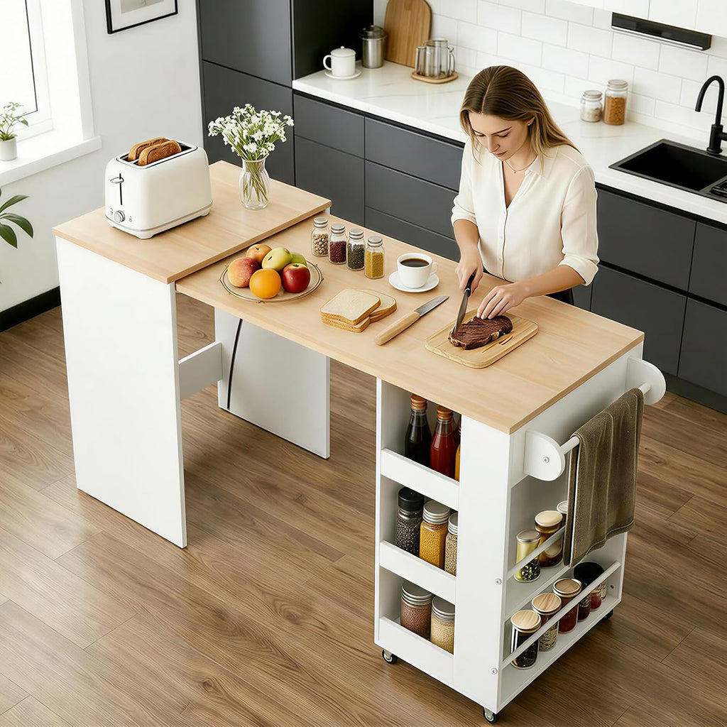 EROMMY 52' Extendable Kitchen Island with Faux Marble Top, Rolling Kitchen Cart with Pull-Out Dining Table, Spice Rack, Towel Bar, Mobile Breakfast Bar Station with Storage for Small Space (White)