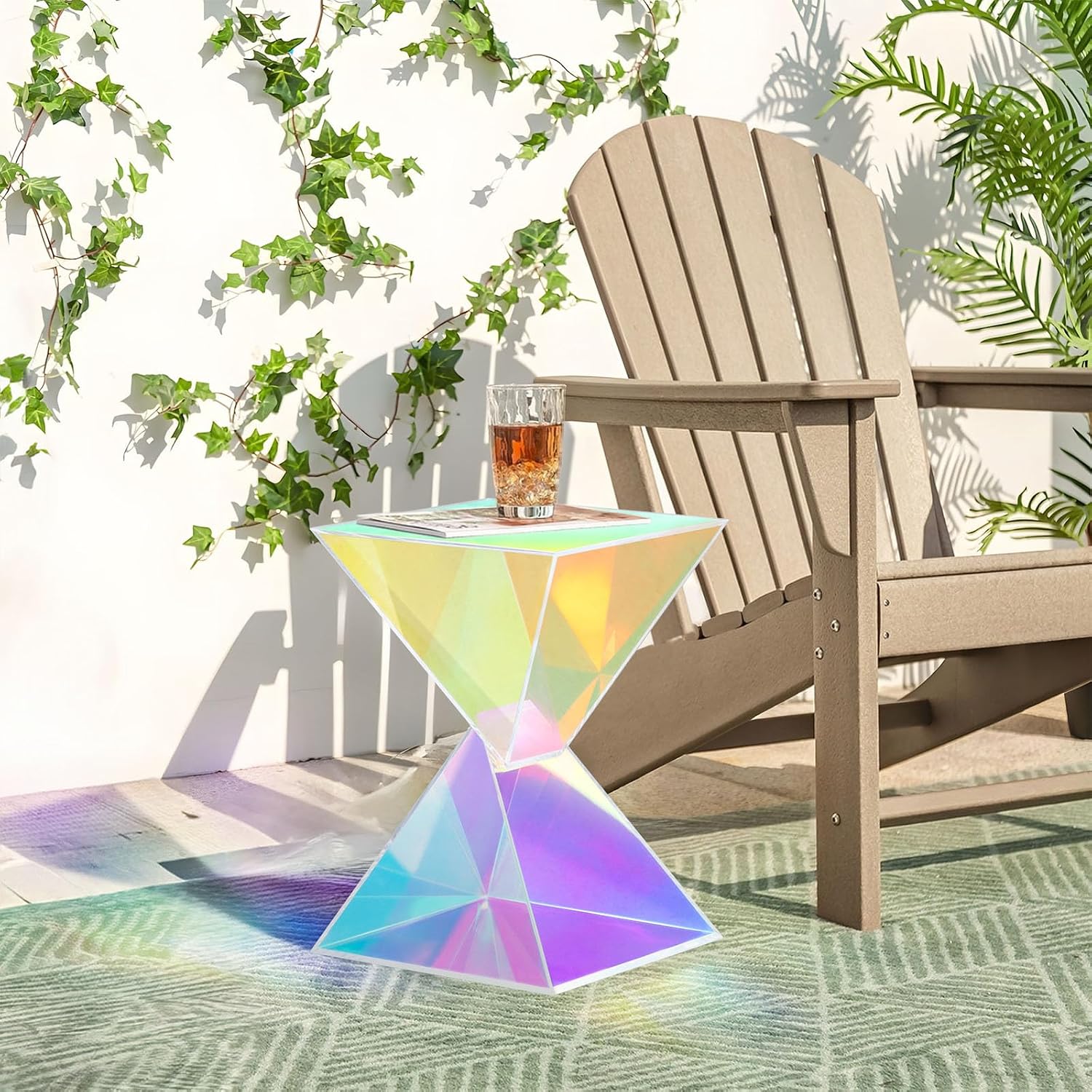 BECHAEO Iridescent Acrylic Side Table Set of 2, Small End Tables for Small Spaces, Modern Acrylic End Tables Living Room Nightstand with Irregular Design, Lightweight Farmhouse Outdoor Side Tables