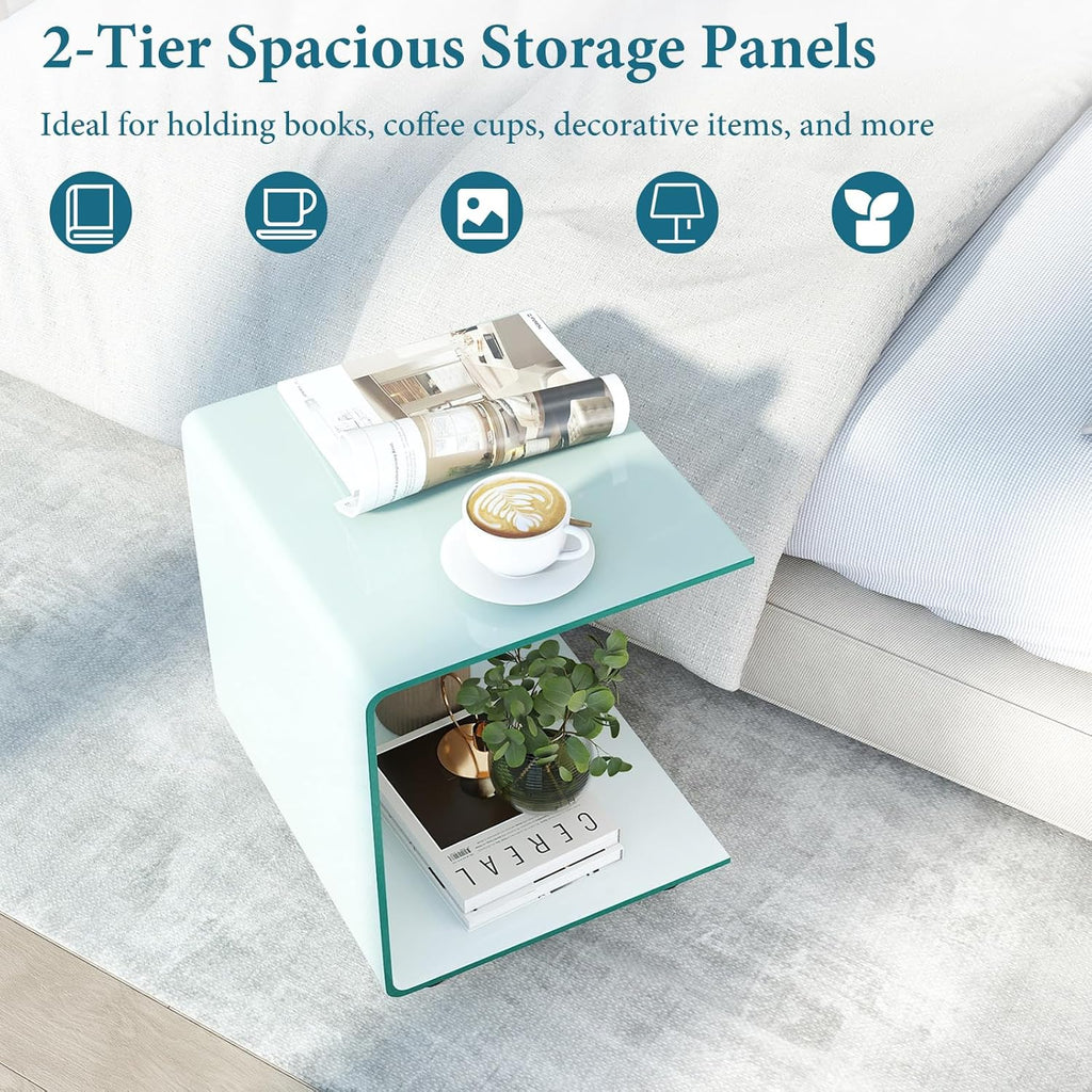 Tangkula Tempered Glass Side Table, Modern C-Shaped Bedside Table Nightstand with Storage Shelf, 4 Lockable Universal Wheels, Rolling Sofa End Table for Living Room Bedroom Office (2, White)