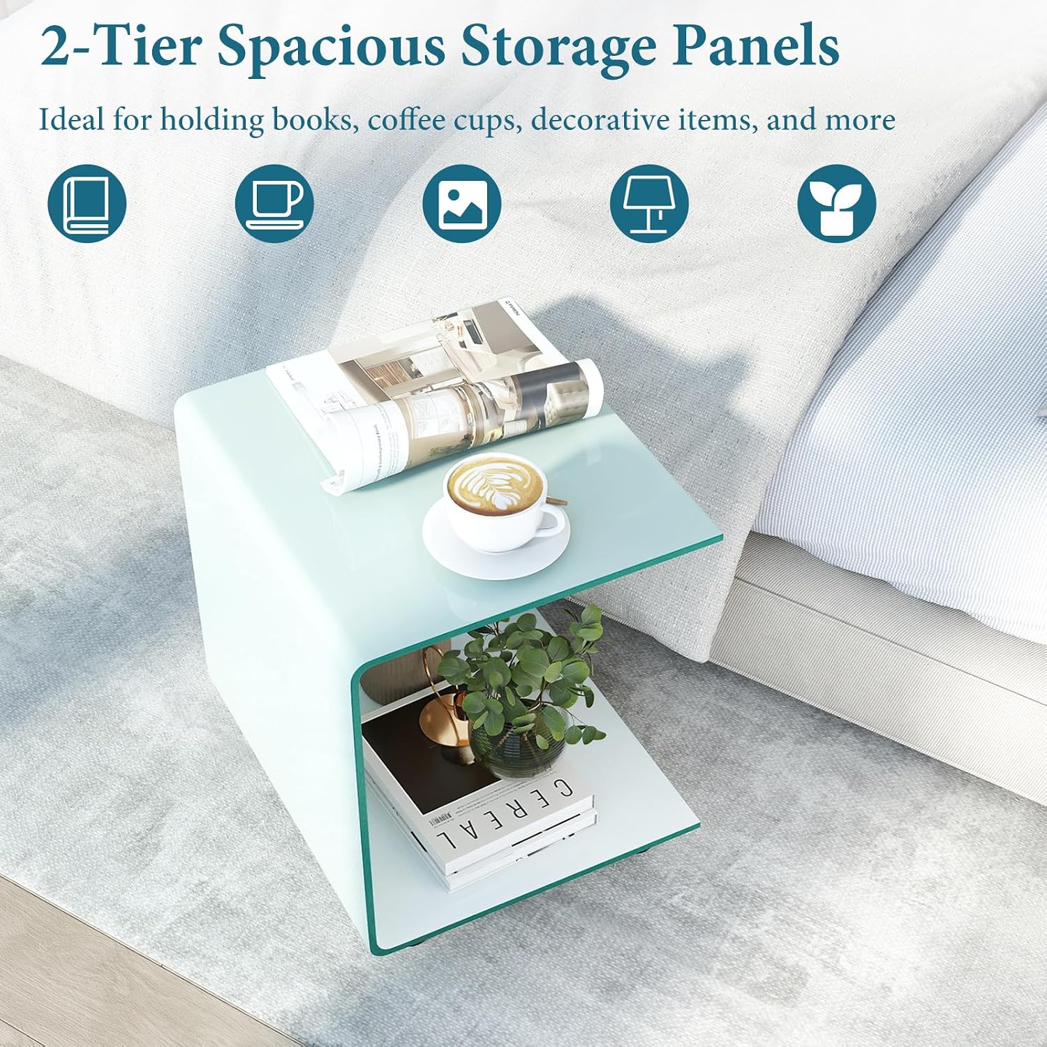 Tangkula Tempered Glass Side Table, Modern C-Shaped Bedside Table Nightstand with Storage Shelf, 4 Lockable Universal Wheels, Rolling Sofa End Table for Living Room Bedroom Office (2, White)