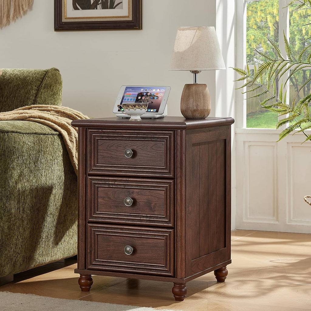 RWYHG 18' Farmhouse Night Stand Set of 2, Walnut Wood Nightstand with 3 Drawers, Bedside End Table with Storage and Roman Column, Bed Side Tables Cabinet for Bedroom, Living Room, and Closet