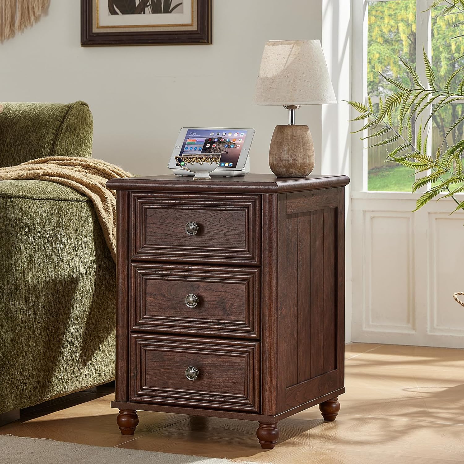 RWYHG 18' Farmhouse Night Stand Set of 2, Walnut Wood Nightstand with 3 Drawers, Bedside End Table with Storage and Roman Column, Bed Side Tables Cabinet for Bedroom, Living Room, and Closet
