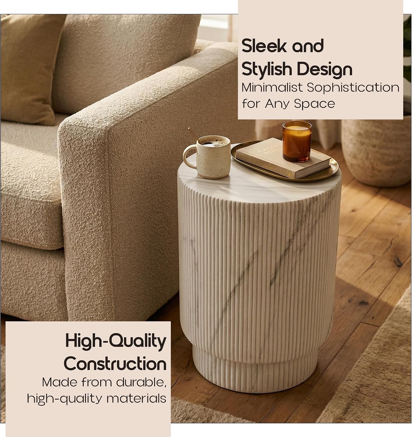 LeisureMod Eden Modern Side End Table – Indoor and Outdoor Accent Table for Living Room, Bedroom, Patio, Balcony, Porch, Garden, Small Spaces in White Marble