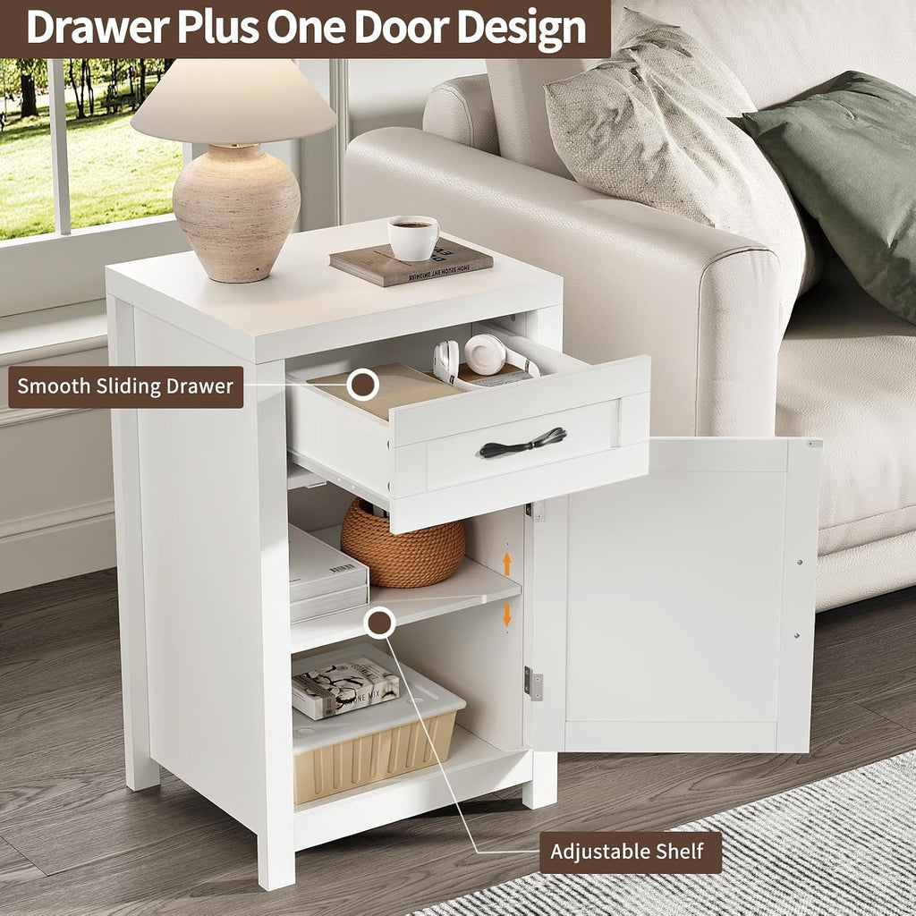 White Nightstand Set of 2 with Drawer, Farmhouse End Table with Storage Cabinet and Adjustable Shelf, 30' Tall Bedside Table Rustic Wood Sofa Side Table for Living Room, Bedroom