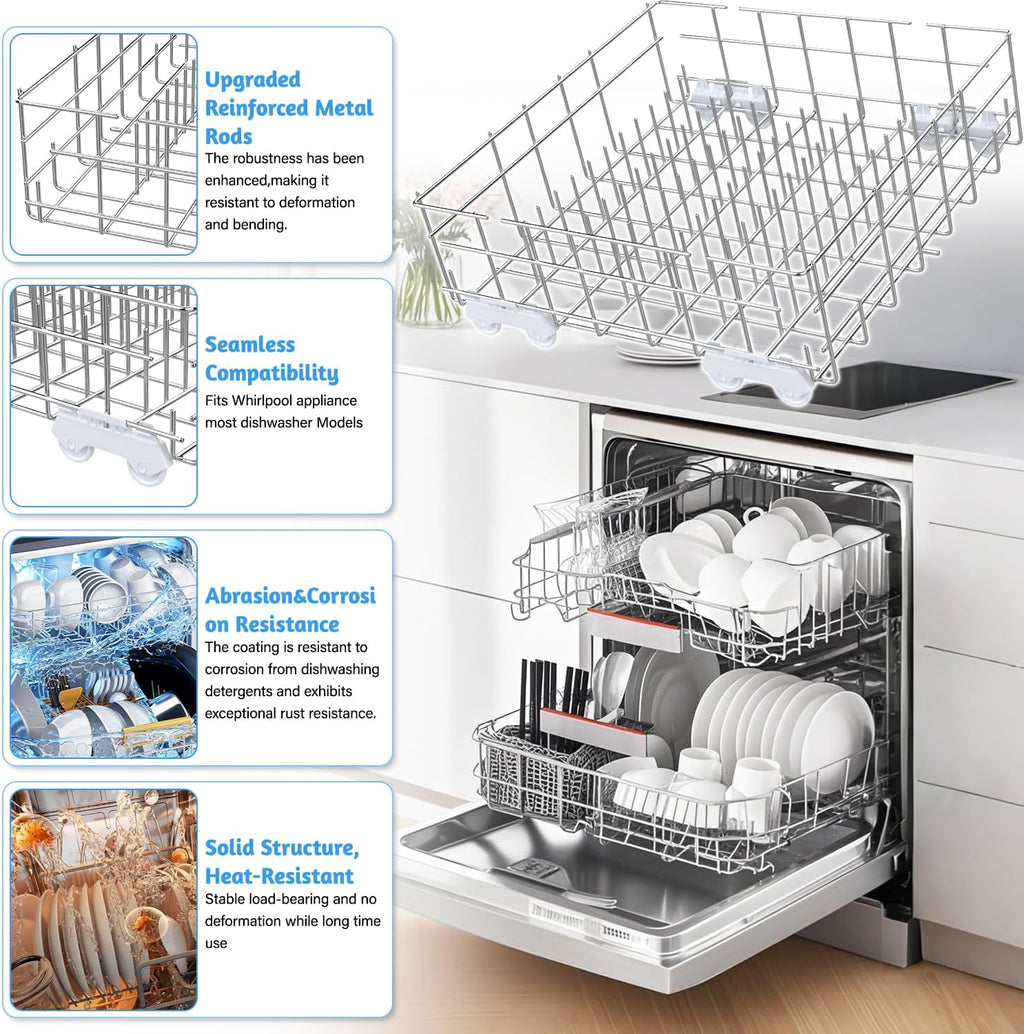 Upgrade W10311986/W10380384 Dishwasher Lower Dishrack Designed for Whirlpool Dishwasher Rack Parts WDT750SAHZ0 WDTA50SAHZ0 WDT970SAHZ0 WDT780SAEM with WP3376961 Wheels Dishwasher Bottom Rack