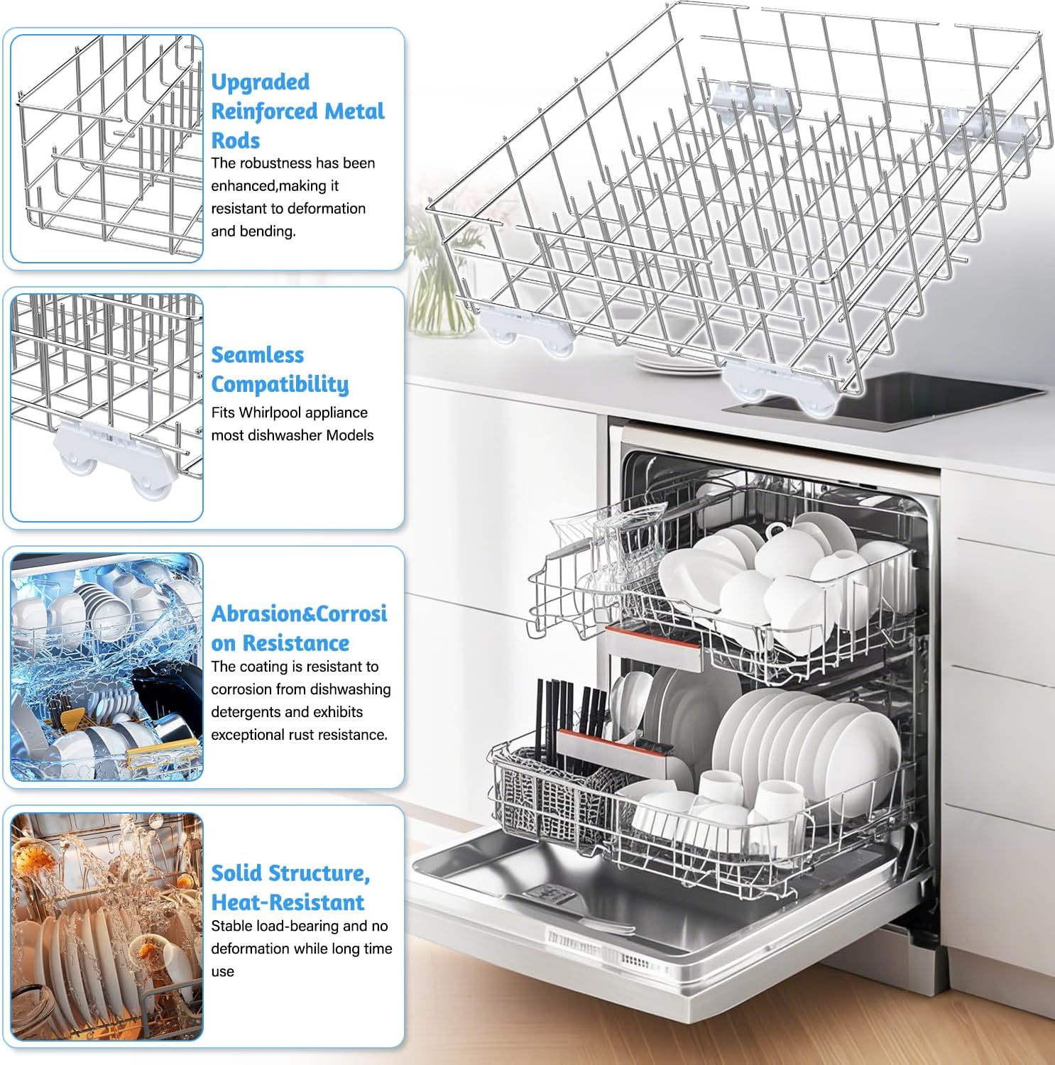 Upgrade W10311986/W10380384 Dishwasher Lower Dishrack Designed for Whirlpool Dishwasher Rack Parts WDT750SAHZ0 WDTA50SAHZ0 WDT970SAHZ0 WDT780SAEM with WP3376961 Wheels Dishwasher Bottom Rack