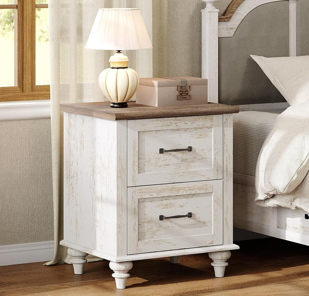 WAMPAT Set of 2 Nightstands Side Table with Charging Station, Antique White End Tables with 2 Drawers for Living Room, Elegant Night Stand Bedside Table for Bedroom, Dorm