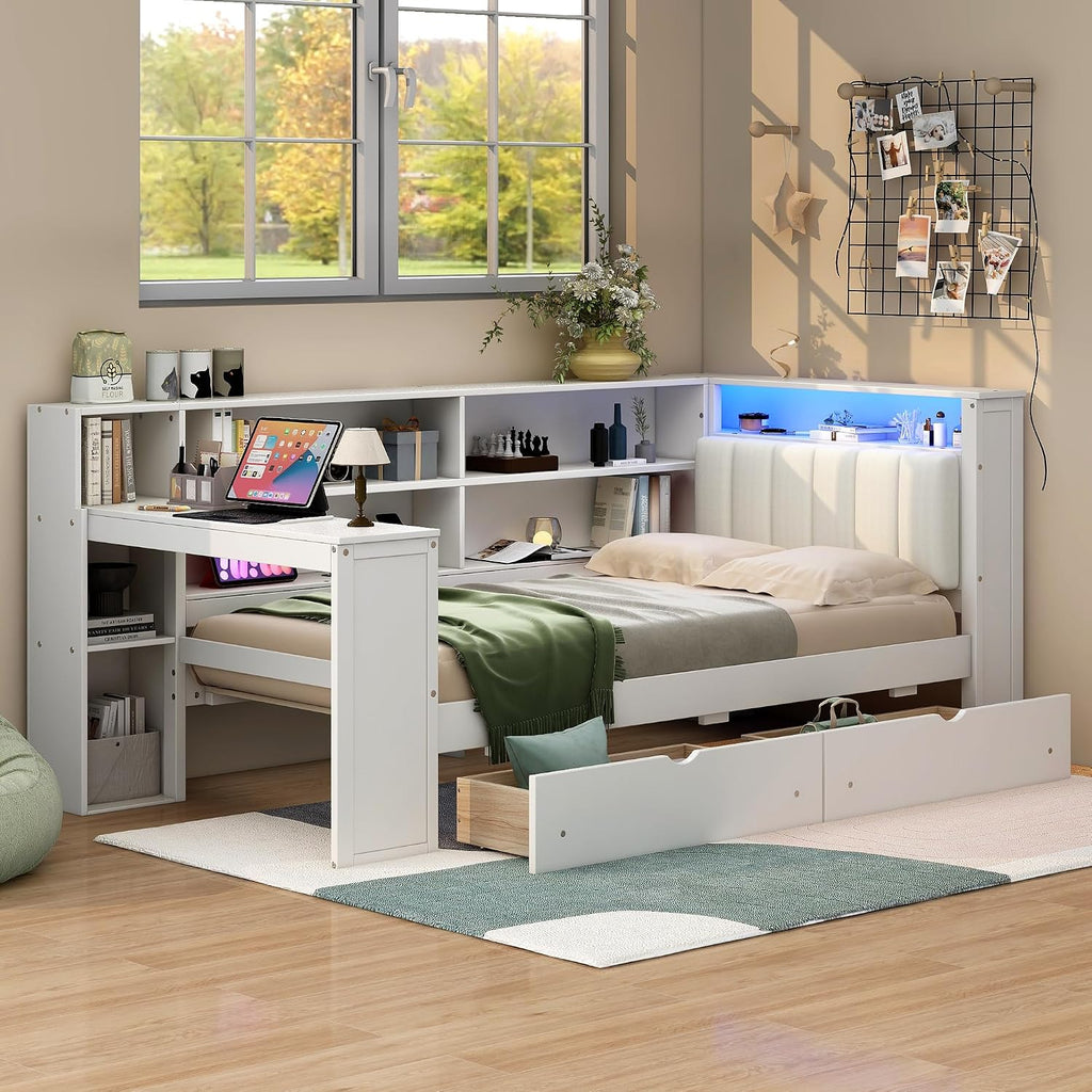 LUMISOL Twin Size Daybed with Storage Bookcase and Upholstered Headboard, Wood L Shaped Corner Day Bed Frame with Desk, Drawers, LED Light & USB Ports, Space-Saving, White