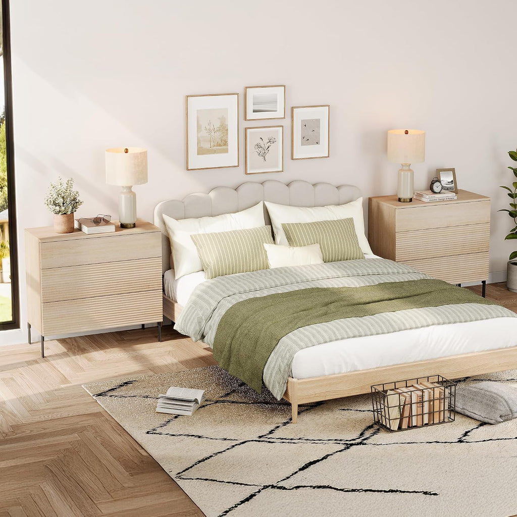 WAMPAT 30.2' Tall Fluted Nightstands Set of 2 with 3 Large Drawers, Mid Century Nightstand End Table with Hidden Handle, Wooden Bedside Table with Storage for Bedroom, Beige